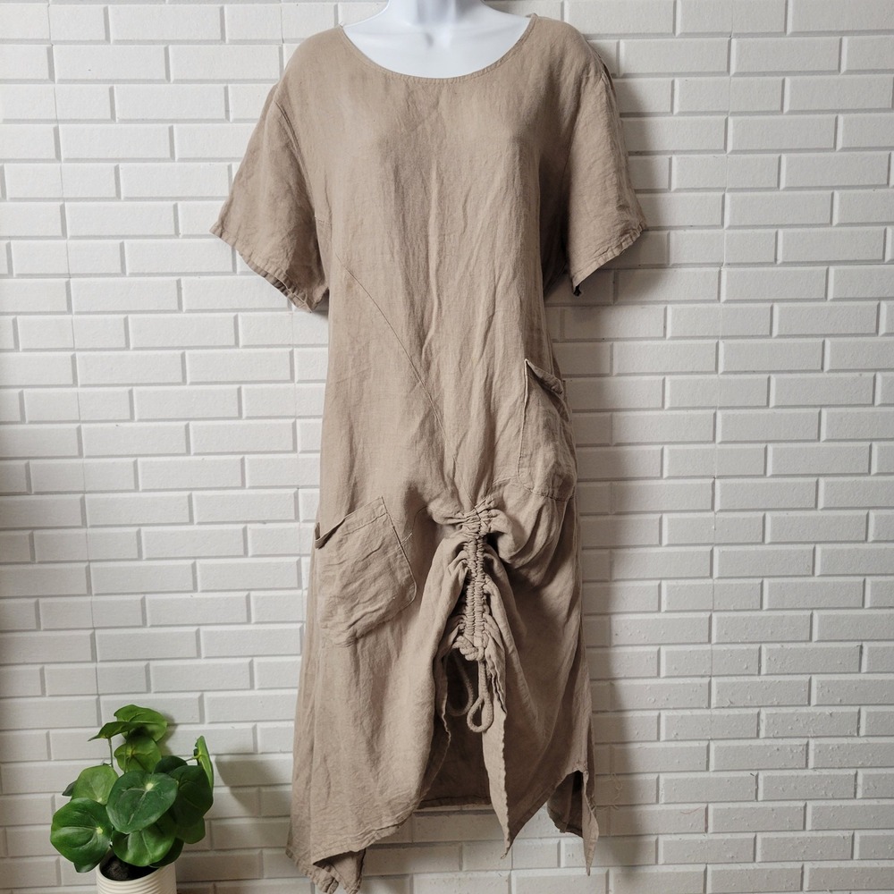 Saga Italy XL Dress Taupe Linen Asymmetric Ruched Artsy Lagenlook Hem Pockets